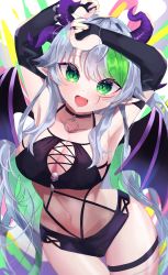 Rule 34 | 1girl, absurdres, bikini, black bikini, black gloves, black shorts, breasts, apricot the lich, choker, cleavage, cleavage cutout, clothing cutout, commentary, criss-cross halter, demon girl, demon horns, demon tail, elbow gloves, english commentary, fang, gloves, green eyes, green hair, halterneck, highres, horn piercing, horns, large breasts, looking at viewer, multicolored hair, multiple horns, nail polish, open mouth, pointy ears, purple horns, purple nails, short hair with long locks, shorts, skin fang, smile, streaked hair, swimsuit, tail, thigh strap, virtual youtuber, vshojo, wellski