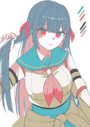 Rule 34 | 1girl, absurdres, aqua sailor collar, aqua skirt, arm at side, assault lily, blunt bangs, breasts, clothes around waist, color guide, commentary request, cowboy shot, crop top, detached sleeves, grey hair, hair ribbon, hand up, highres, holding, holding own hair, kozue west, large breasts, limited palette, long hair, long sleeves, multicolored eyes, neckerchief, odaiba girls high school uniform, pink neckerchief, pleated skirt, red eyes, red ribbon, ribbon, sailor collar, school uniform, serafuku, shirt, simple background, skirt, sleeveless, sleeveless shirt, solo, very long hair, white background, white shirt, yozakurayuyu