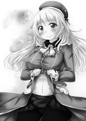 Rule 34 | 10s, 1girl, atago (kancolle), clothes lift, dress, dress lift, greyscale, hat, highres, kantai collection, long hair, looking at viewer, midriff, monochrome, navel, non-web source, panties, panties under pantyhose, pantyhose, smile, solo, tekehiro, underwear