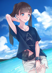 Rule 34 | 1girl, arm up, blue sky, blunt bangs, brown hair, concealed weapon, day, dutch angle, ear piercing, earrings, glock, gun, handgun, highres, jewelry, koh (minagi kou), looking to the side, navel, necklace, original, outdoors, piercing, shirt, short shorts, shorts, sky, t-shirt, twintails, watch, water, weapon, wristwatch