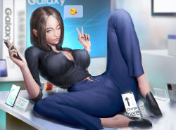 Rule 34 | 1girl, artist name, black footwear, black shirt, blue eyes, blue nails, blue pants, breasts, cellphone, commentary, covered erect nipples, denim, ear piercing, emoji, fingernails, high-waist pants, high collar, highres, holding, holding phone, jeans, large breasts, lying, moi&#039;dukdum, mole, mole under eye, nail polish, on back, one eye closed, pants, parted bangs, patreon username, phone, piercing, product girl, samsung, samsung sam, shirt, shoes, smartphone, solo, speech bubble, spread legs, v