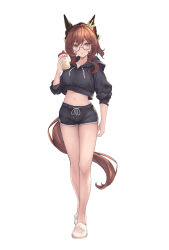 Rule 34 | 1girl, alternate costume, animal ears, bespectacled, black shorts, brown hair, commentary request, cropped hoodie, cup, ear covers, ear ornament, full body, gentildonna (umamusume), glasses, highres, holding, holding cup, hood, hood down, hoodie, horse ears, horse girl, horse tail, long hair, peperoncino-sama, red eyes, shorts, simple background, slippers, solo, tail, umamusume, white background, white footwear