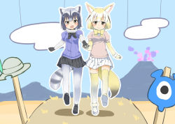 Rule 34 | 10s, 2girls, animal ears, black gloves, black hair, black skirt, blonde hair, blush, bow, bowtie, brown eyes, bucket hat, cloud, common raccoon (kemono friends), day, fang, fennec (kemono friends), fox ears, fox tail, full body, gloves, holding hands, hat, hat feather, highres, kemono friends, looking at viewer, mountain, multiple girls, open mouth, outdoors, outline, pantyhose, pleated skirt, raccoon ears, raccoon tail, sekira ame, shoes, short hair, short sleeves, skirt, sky, smile, tail, thighhighs, walking, white legwear, white outline, white skirt, yama no susume