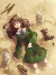 Rule 34 | 1girl, absurdres, blue ribbon, boots, brown hair, closed eyes, closed mouth, cropped legs, day, dress, driftwood, facing up, facing viewer, from above, green dress, hair spread out, hand on own stomach, highres, long hair, long sleeves, lying, neck ribbon, on back, original, outdoors, ribbon, rock, sand, sleeping, solo, tayama222, unworn boots, wide sleeves