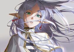 Rule 34 | 1girl, absurdres, capelet, earrings, elf, frieren, green eyes, grey background, grey hair, highres, jewelry, looking at viewer, nthndn, pointy ears, shirt, solo, sousou no frieren, striped clothes, striped shirt, white capelet