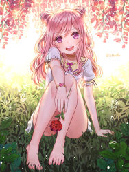 Rule 34 | 1girl, artist name, blush, bracelet, bubble, cone hair bun, double bun, flower, hair bun, heart, holding, holding flower, jewelry, long hair, looking at viewer, open mouth, original, pink eyes, pink hair, red flower, red rose, roang, rose, signature, sitting, smile, solo, teeth