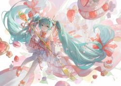 Rule 34 | 1girl, :d, blue eyes, blue hair, bow, bowtie, cookie, floating, floating hair, flower, food, fork, frilled shirt, frilled skirt, frills, fruit, full body, grin, hair between eyes, hair bow, hatsune miku, high heels, holding, holding fork, legwear garter, long hair, looking at viewer, macaron, open mouth, ouu min, oversized object, red bow, red bowtie, red footwear, shirt, sidelocks, skirt, sleeveless, sleeveless shirt, smile, solo, strawberry, strawberry miku (morikura), teeth, thighhighs, twintails, very long hair, vocaloid, white flower, white shirt, white skirt, white thighhighs