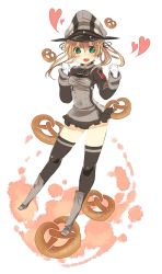 Rule 34 | 10s, 1girl, :d, anchor hair ornament, blonde hair, blush, boots, brown thighhighs, clenched hands, food, full body, gloves, green eyes, hair ornament, hat, heart, highres, kantai collection, long hair, long sleeves, looking at viewer, melonenbrot, military, military uniform, open mouth, peaked cap, pleated skirt, pretzel, prinz eugen (kancolle), skirt, smile, solo, sparkling eyes, thighhighs, twintails, uniform, white background, white gloves, zettai ryouiki