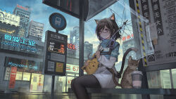 Rule 34 | 1girl, animal ears, belt, bench, black hair, black pantyhose, blue shirt, building, bus stop, cat, catzz, city, cityscape, closed mouth, cloud, cloudy sky, coffee cup, commentary request, convenience store, cup, disposable cup, glasses, grey eyes, hat, highres, holding, holding clothes, holding hat, holding umbrella, night, original, outdoors, overcast, pantyhose, rain, scenery, semi-rimless eyewear, shirt, shop, short hair, skirt, sky, skyscraper, transparent, transparent umbrella, umbrella, under-rim eyewear, white skirt