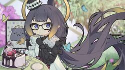 Rule 34 | 1girl, ao-chan (ninomae ina&#039;nis), asymmetrical gloves, asymmetrical sleeves, black-framed eyewear, black gloves, blurry, blurry background, bug, butterfly, cake, coffee cup, cp2980606, cup, disposable cup, food, fork, glasses, gloves, halo, highres, hololive, hololive english, insect, long hair, long sleeves, looking at viewer, mismatched gloves, mismatched sleeves, ninomae ina&#039;nis, ninomae ina&#039;nis (party dress), official alternate costume, plate, pointy ears, purple eyes, purple hair, takodachi (ninomae ina&#039;nis), tentacle hair, tree, virtual youtuber, white gloves