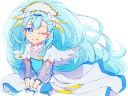 Rule 34 | 1girl, aqua eyes, aqua hair, commentary request, cure ange, dress, earrings, eyelashes, fpminnie1, hair ornament, happy, headdress, highres, hugtto! precure, jewelry, long hair, looking at viewer, magical girl, one eye closed, precure, simple background, sketch, smile, solo, very long hair, white background, wrist cuffs, yakushiji saaya