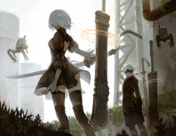 Rule 34 | 1boy, 1girl, android, back cutout, blindfold, boots, breasts, building, clothing cutout, dress, gekkou hotaru, grass, highres, juliet sleeves, katana, leaf, long sleeves, nier (series), nier:automata, patterned clothing, industrial pipe, pod (nier:automata), puffy sleeves, short hair, shorts, small breasts, strap, sword, thigh boots, thighhighs, weapon, white hair, 2b (nier:automata), 9s (nier:automata)