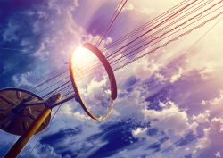 Rule 34 | blue sky, cloud, cloudy sky, commentary request, evening, glint, mocha (cotton), no humans, original, outdoors, power lines, reflection, scenery, sky, sunlight, traffic mirror