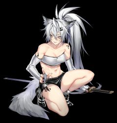 Rule 34 | 1girl, alternate hairstyle, animal ears, arknights, bandeau, bare legs, bare shoulders, black background, black footwear, black nails, black shorts, breasts, cleavage, commentary, deathalice, elbow gloves, fingerless gloves, gloves, grey eyes, hair between eyes, hair ornament, hairclip, highres, katana, lappland (arknights), long hair, material growth, medium breasts, midriff, nail polish, navel, oripathy lesion (arknights), parted lips, ponytail, scar, scar across eye, scar on face, shoes, short shorts, shorts, silver hair, simple background, smile, solo, stomach, strapless, sword, tail, thighs, tube top, weapon, wolf ears, wolf tail