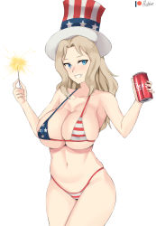 Rule 34 | 1girl, american flag, american flag bikini, american flag hat, american flag print, bad id, bad pixiv id, bikini, blonde hair, blue eyes, blush, breasts, cleavage, coca-cola, collarbone, covered erect nipples, female focus, flag print, girls und panzer, grin, groin, hat, highres, kay (girls und panzer), large breasts, long hair, looking at viewer, navel, parted lips, print bikini, simple background, skindentation, smile, solo, swimsuit, teeth, top hat, white background