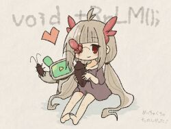 Rule 34 | 1girl, animal, antenna hair, barefoot, blunt bangs, blush, brown hair, bug, closed mouth, cockroach, commentary request, copyright name, dress, grey background, heart, holding, holding animal, horns, insect, long hair, looking at viewer, low twintails, missing eye, naoto (prime naotan), outstretched legs, red eyes, robot, robot (void terrarium), short dress, short sleeves, sidelocks, simple background, sitting, smile, solo, toriko (void terrarium), twintails, very long hair, void terrarium