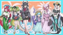 Rule 34 | absurdres, alternate costume, bare shoulders, black dress, black hair, black shorts, blue hair, blush, bow, braid, breasts, chamber dragonmaid, coat, dragon girl, dragon horns, dragon tail, dragon wings, dress, duel monster, full body, glasses, green eyes, green hair, hat, high heels, highres, holding, horns, house dragonmaid, kitchen dragonmaid, large breasts, laundry dragonmaid, long hair, long skirt, long sleeves, looking at viewer, multiple girls, nurse dragonmaid, off-shoulder shirt, off shoulder, open clothes, open coat, open mouth, parlor dragonmaid, pink eyes, pink hair, pleated skirt, red bow, red hair, shirt, shorts, skirt, slippers, smile, solo, standing, tail, white background, white hair, wings, yamasu (tmy-0902), yellow eyes, yu-gi-oh!