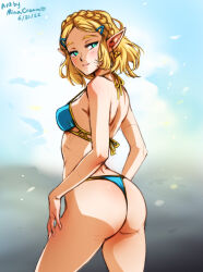 Rule 34 | 1girl, artist name, ass, bikini, blonde hair, blue bikini, blue sky, blurry, blurry background, braid, breasts, cloud, commentary, crown braid, dated, elf, english commentary, gold trim, green eyes, looking at viewer, mina cream, nintendo, paid reward available, parted lips, pointy ears, princess zelda, sky, small breasts, solo, strap gap, swimsuit, the legend of zelda, the legend of zelda: tears of the kingdom, thighs, thong bikini, triforce, triforce earrings
