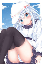 Rule 34 | 10s, 1girl, belt, black thighhighs, blue eyes, blue sky, buttons, character name, coffeedog, day, flat cap, hammer and sickle, hat, hibiki (kancolle), highres, kantai collection, long hair, long sleeves, panties, pantyshot, pleated skirt, school uniform, serafuku, silver hair, sitting, skirt, sky, solo, star (symbol), striped clothes, striped panties, thighhighs, underwear, verniy (kancolle)
