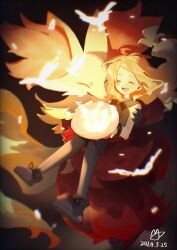 Rule 34 | 1girl, :d, blonde hair, blurry, bracelet, closed eyes, collared shirt, commentary request, creatures (company), dated, delphox, floating hair, game freak, gen 6 pokemon, happy, holding, jewelry, lanter qwq, long hair, nintendo, open mouth, pokemon, pokemon (creature), pokemon xy, serena (pokemon), shirt, shoes, signature, sleeveless, sleeveless shirt, smile, teeth, thighhighs, upper teeth only