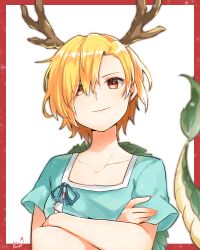 Rule 34 | 1girl, antlers, artist name, blonde hair, blue ribbon, blue shirt, border, closed mouth, collarbone, commentary request, crossed arms, dragon horns, dragon tail, eyes visible through hair, hair over one eye, highres, horns, kicchou yachie, light smile, looking at viewer, red border, red eyes, ribbon, shirt, short hair, short sleeves, simple background, smile, solo, tail, take no ko (4919400), touhou, turtle shell, upper body, white background