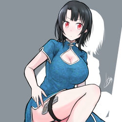 Rule 34 | 1girl, alternate costume, black hair, blue dress, breasts, china dress, chinese clothes, cleavage, cleavage cutout, clothing cutout, commentary request, dress, grey background, gun, handgun, highres, kantai collection, large breasts, looking at viewer, one-hour drawing challenge, red eyes, short hair, solo, sosser, squatting, takao (kancolle), thigh strap, weapon