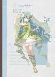 1girl 37_(happy_bird_catcher)_(reverse:1999) 37_(reverse:1999) absurdres arm_up belt bird blue_eyes blue_hair brown_belt chest_belt chinese_text closed_mouth dress english_text feisi_x flower foot_up full_body green_dress green_ribbon green_veil grey_background hair_between_eyes hair_flower hair_ornament hands_up highres leg_ribbon long_hair looking_at_viewer official_alternate_costume reverse:1999 ribbon sandals short_dress single_bare_shoulder single_off_shoulder smile solo standing standing_on_one_leg veil_lift very_long_hair white_flower