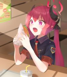 Rule 34 | 1girl, abish, black shirt, blue archive, blurry, blurry foreground, burger, collared shirt, cup, disposable cup, food, halo, highres, holding, holding food, horns, junko (blue archive), looking at viewer, necktie, open mouth, poster (object), purple eyes, red hair, red necktie, shirt, short sleeves, sidelocks, sitting, solo, tabi, twintails