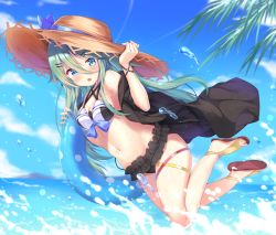 Rule 34 | 1girl, armpits, bare shoulders, beach, bikini, bikini skirt, black bikini, black coat, black jacket, blue bow, blue eyes, blue ribbon, blue sky, blush, bow, breasts, cleavage, cloud, coat, collarbone, commentary, day, frilled bikini, frills, full body, green hair, groin, hair between eyes, hair ornament, hairclip, hat, hat bow, hat ribbon, holding, holding swim ring, innertube, jacket, jan (janpx2012), jumping, kantai collection, leg ribbon, long hair, looking at viewer, medium breasts, navel, ocean, off shoulder, open clothes, open coat, open jacket, open mouth, outdoors, palm leaf, ribbon, sandals, sidelocks, sky, solo, splashing, stomach, straw hat, sunlight, swim ring, swimsuit, thigh ribbon, thigh strap, water, water drop, waves, wet, wrist straps, yamakaze (kancolle)