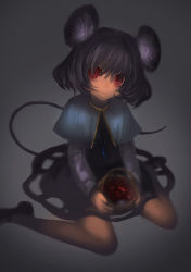 Rule 34 | 1girl, animal ears, basket, capelet, cinkai, dark, gradient background, grey hair, jewelry, long sleeves, looking at viewer, mouse ears, mouse tail, nazrin, necklace, red eyes, shirt, shoes, short hair, sitting, skirt, skirt set, smile, solo, tail, touhou, vest