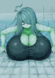 Rule 34 | 1girl, 2b-ge, ahoge, bags under eyes, blush, breasts, chestnut mouth, cleavage, eyelashes, female focus, gigantic breasts, green theme, half-closed eyes, head tilt, highres, in water, long hair, looking at viewer, mei (2b-ge), one-piece swimsuit, original, pool, shiny skin, solo, spot color, swimsuit, upper body, water, wet