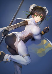 Rule 34 | 1girl, arm guards, ass, black footwear, black gloves, blue background, blush, bodysuit, bouncing breasts, breasts, brown hair, bun cover, cape, colored eyelashes, commentary, covered navel, covered erect nipples, fate/grand order, fate (series), fingerless gloves, gloves, green eyes, highres, large breasts, leaning forward, looking back, parted lips, qin liangyu (fate), short hair, simple background, skin tight, smile, solo, standing, standing on one leg, taishi (picchiridou), v-shaped eyebrows, vambraces, white bodysuit, white cape