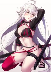 Rule 34 | 1girl, absurdres, ahoge, bikini, black bikini, black jacket, blush, breasts, choker, cleavage, collarbone, commentary request, cropped jacket, fate/grand order, fate (series), highres, jacket, jeanne d&#039;arc alter (swimsuit berserker) (fate), jeanne d&#039;arc (fate), jeanne d&#039;arc alter (fate), jeanne d&#039;arc alter (swimsuit berserker) (fate), katana, kneeling, large breasts, long hair, looking back, navel, o-ring, pale skin, sheath, shrug (clothing), simple background, solo, stomach, swimsuit, sword, thigh strap, thighs, toujou masateru, very long hair, weapon, yellow eyes