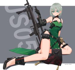 Rule 34 | 1girl, anti-materiel rifle, black footwear, black gloves, blush, bolt action, character name, dress, earrings, full body, girls&#039; frontline, gloves, green dress, green eyes, grey hair, gun, hair between eyes, high heels, highres, holding, holding gun, holding weapon, jewelry, js05 (fairy lily) (girls&#039; frontline), js05 (girls&#039; frontline), mitsusaka mitsumi, official alternate costume, pouch, rifle, short hair, simple background, sleeveless, sleeveless dress, smile, sniper rifle, solo, twitter username, two-tone background, weapon