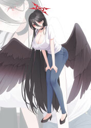 Rule 34 | 1girl, absurdres, alternate costume, black hair, black wings, blue archive, bra, breasts, cleavage, denim, feathered wings, hair between eyes, halo, hasumi (blue archive), high heels, highres, huge breasts, jeans, leaning forward, long hair, looking at viewer, pants, ponytail, red eyes, red halo, see-through, see-through shirt, shira jun, shirt, solo, underwear, very long hair, white shirt, wings