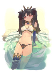 Rule 34 | 1girl, arm support, black hair, black panties, breasts, closed mouth, detached sleeves, earrings, fate/grand order, fate (series), highres, hoop earrings, ishtar (fate), jewelry, leaning back, long hair, medium breasts, navel, panties, red eyes, see-through, shiny skin, shirt, single thighhigh, solo, thighhighs, timbougami, two side up, underwear, wading, wet, wet clothes, wet shirt