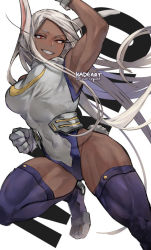 Rule 34 | 1girl, abs, animal ears, belt, biceps, boku no hero academia, breasts, character name, dark-skinned female, dark skin, fighting stance, gloves, heattech leotard, kadeart, leotard, long eyelashes, long hair, looking at viewer, mirko, muscular, muscular female, rabbit ears, rabbit girl, rabbit tail, red eyes, smile, solo, tail, text background, thighhighs, thighs, turtleneck, twitter username, white gloves, white hair