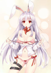 Rule 34 | 1girl, animal ears, bare shoulders, blush, bra, breasts, buckle, clare (543), holding, long hair, mouth hold, navel, necktie, nipples, panties, pink bra, pink panties, purple hair, rabbit ears, red eyes, reisen udongein inaba, shirt, side-tie panties, simple background, solo, thigh strap, touhou, unbuttoned, underwear, untied, white shirt