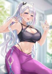 Rule 34 | 1girl, ahoge, alternate costume, aqua hair, bare shoulders, black bra, blue eyes, blurry, blurry background, blush, bottle, bra, breasts, butterfly hair ornament, cleavage, collarbone, commission, criss-cross straps, ear piercing, ember amane, fujiko (fujik0), grey hair, hair behind ear, hair between eyes, hair ornament, hands up, high ponytail, highleg, highleg panties, highres, holding, holding bottle, indoors, large breasts, long hair, looking at viewer, midriff, mole, mole on breast, multi-strapped bra, multicolored hair, navel, open mouth, panties, pants, panty straps, phase connect, piercing, pink hair, purple eyes, purple pants, safety pin, second-party source, seiza, shoes, sitting, smile, sneakers, solo, sports bra, streaked hair, sweat, tight clothes, tight pants, two-tone nails, underwear, virtual youtuber, water bottle, wavy hair, white footwear, yoga pants