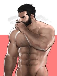 Rule 34 | 1boy, abs, bara, beard, black hair, body hair, chest hair, dopey (dopq), facial hair, graves (league of legends), highres, large pectorals, league of legends, looking at viewer, male focus, manly, muscular, nipples, pectorals, simple background, solo, topless male