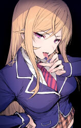 Rule 34 | 1girl, black background, blonde hair, breasts, from above, hand on own hip, haoni, highres, large breasts, licking, licking finger, long hair, looking at viewer, nakiri erina, necktie, plaid, plaid skirt, purple eyes, saliva, school uniform, shokugeki no souma, simple background, skirt, solo, striped necktie, tongue, tongue out, tootsuki saryou ryouri gakuen uniform, very long hair