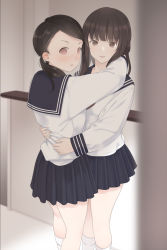 Rule 34 | 2girls, arms around neck, black sailor collar, black skirt, blouse, blurry, blurry foreground, brown hair, commentary request, feet out of frame, hands on another&#039;s waist, haru nagoya, highres, hug, indoors, long hair, long sleeves, looking at viewer, multiple girls, no pupils, original, parted lips, pleated skirt, ponytail, sailor collar, school uniform, serafuku, shirt, skirt, smile, socks, standing, white legwear, white shirt, yuri