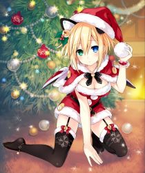 Rule 34 | 10s, 1girl, adapted costume, ange vierge, anklet, bell, belt, black belt, black thighhighs, blonde hair, blue eyes, blush, bow, bowtie, breasts, capelet, carpet, christmas, christmas ornaments, christmas tree, cleavage, code omega 77 stella, code u03c977 stella, dress, fireplace, fur trim, garter straps, green eyes, hair ornament, hand on headwear, hat, heterochromia, holding, holly hair ornament, indoors, jetpack, jewelry, jingle bell, kneeling, large breasts, leaning forward, looking at viewer, no gloves, no shoes, pom pom (clothes), red dress, ribbon, santa costume, santa hat, scrunchie, short dress, snowball, solo, sparkle, thighhighs, tsunako, wrist scrunchie