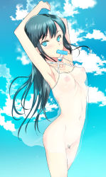 Rule 34 | 1girl, armpits, arms up, blue eyes, blue hair, breasts, cloud, coin rand, collarbone, day, female pubic hair, food, highres, mouth hold, nipples, original, popsicle, pubic hair, see-through, sky, solo, wind