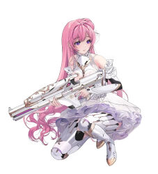 Rule 34 | 1girl, armor, bare shoulders, boots, breasts, copyright name, dorothy (nikke), elbow gloves, gloves, goddess of victory: nikke, greaves, gun, highres, holding, holding gun, holding weapon, kneeling, large breasts, long hair, nail polish, official art, pink hair, pink nails, purple eyes, solo, very long hair, weapon, yoya yogurt, zoom layer