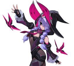 Rule 34 | 1girl, absurdres, artist request, black eyes, bodysuit, breasts, bug, butterfly, cleavage, detached sleeves, era (omega strikers), expressionless, fingerless gloves, gloves, hat, highres, insect, light frown, medium breasts, official art, omega strikers, purple hair, solo, twintails, witch hat