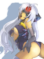 Rule 34 | 00s, 1girl, ass, blue eyes, breasts, cleavage, cyborg, dark skin, dark-skinned female, elbow gloves, female focus, galugama, gloves, large breasts, long hair, open mouth, silver hair, solo, t-elos, thighhighs, xenosaga, xenosaga episode iii