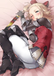 Rule 34 | 1girl, 5pb., armor, armored dress, ass, blonde hair, blue eyes, blush, boots, bow, bravely default: flying fairy, bravely default (series), edea lee, elbow gloves, gloves, hair bow, looking at viewer, lying, mamedenkyuu (berun), on side, one eye closed, open mouth, pantyhose, sheath, sheathed, short hair, solo, sword, thigh boots, thighhighs, weapon, white thighhighs, wink