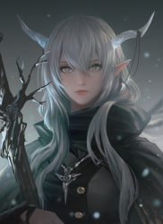 Rule 34 | 1girl, absurdres, arknights, commentary request, grey background, grey eyes, hair between eyes, highres, horns, jiam009, long hair, realistic, shining (arknights), silver hair, solo, staff, upper body