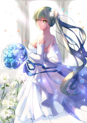 Rule 34 | 1girl, back, bouquet, dress, elbow gloves, flower, from side, gloves, green hair, hatsune miku, highres, long hair, looking back, mou zhi pingguo, petals, solo, very long hair, vocaloid, wedding dress, white gloves, yellow eyes